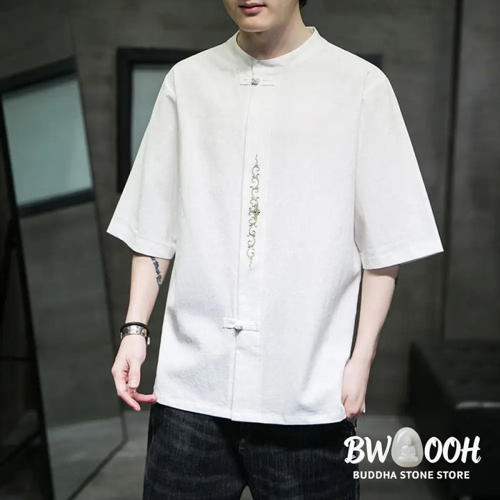 Buddha Stones Plain Color Frog-Button Embroidery Men’s Half Sleeve Cotton Shirt - Men’s Shirts