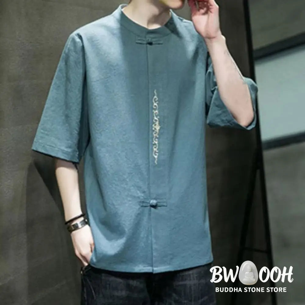 Buddha Stones Plain Color Frog-Button Embroidery Men’s Half Sleeve Cotton Shirt - Men’s Shirts
