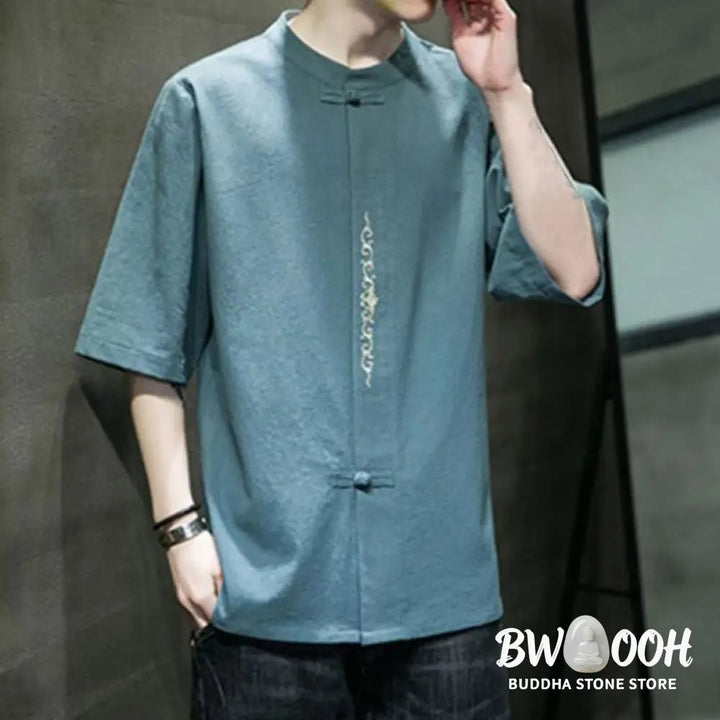 Buddha Stones Plain Color Frog-Button Embroidery Men’s Half Sleeve Cotton Shirt - Men’s Shirts