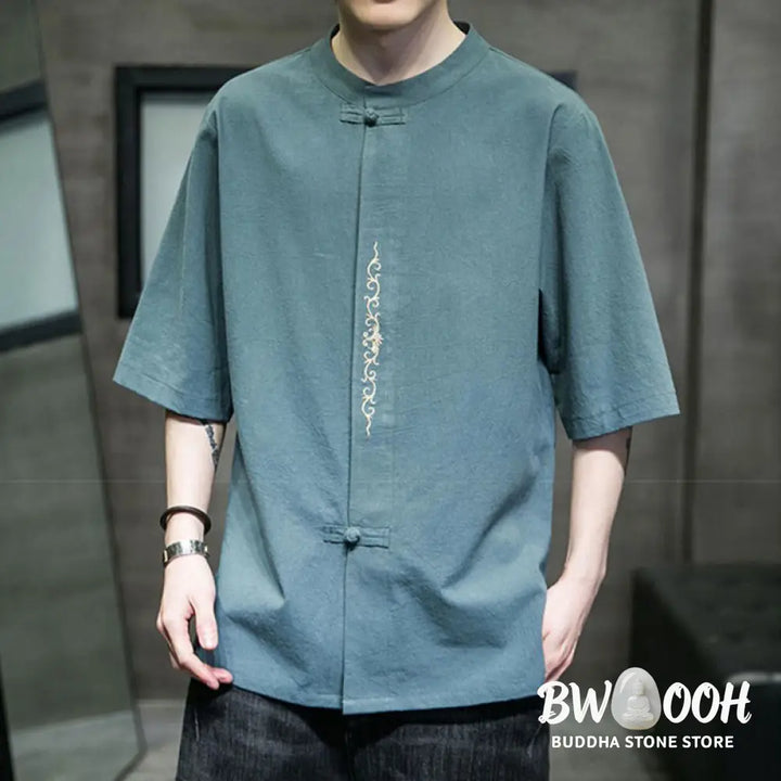Buddha Stones Plain Color Frog-Button Embroidery Men’s Half Sleeve Cotton Shirt - Men’s Shirts