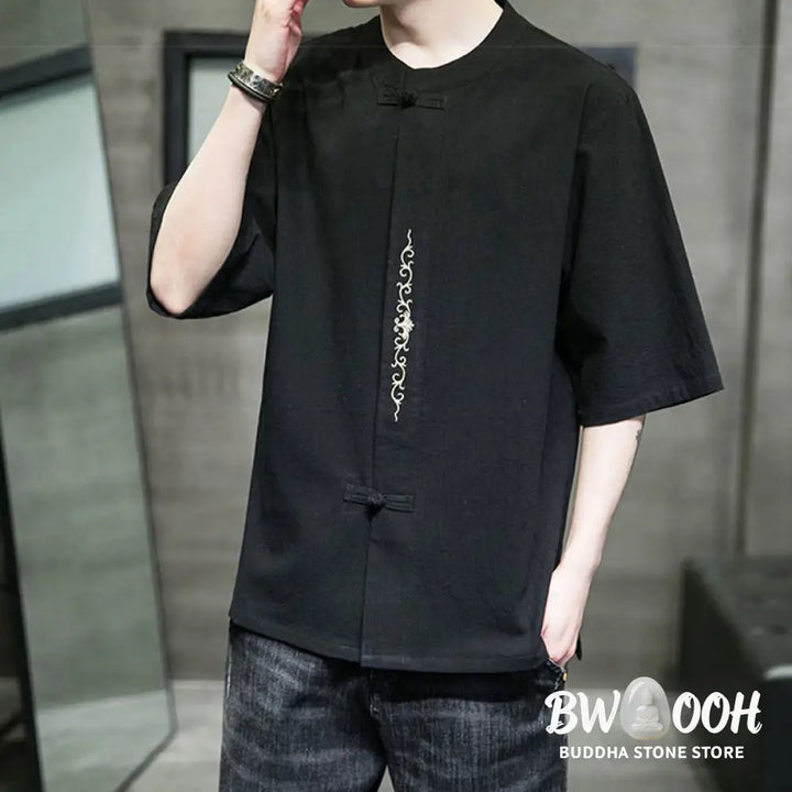 Buddha Stones Plain Color Frog-Button Embroidery Men’s Half Sleeve Cotton Shirt - Men’s Shirts
