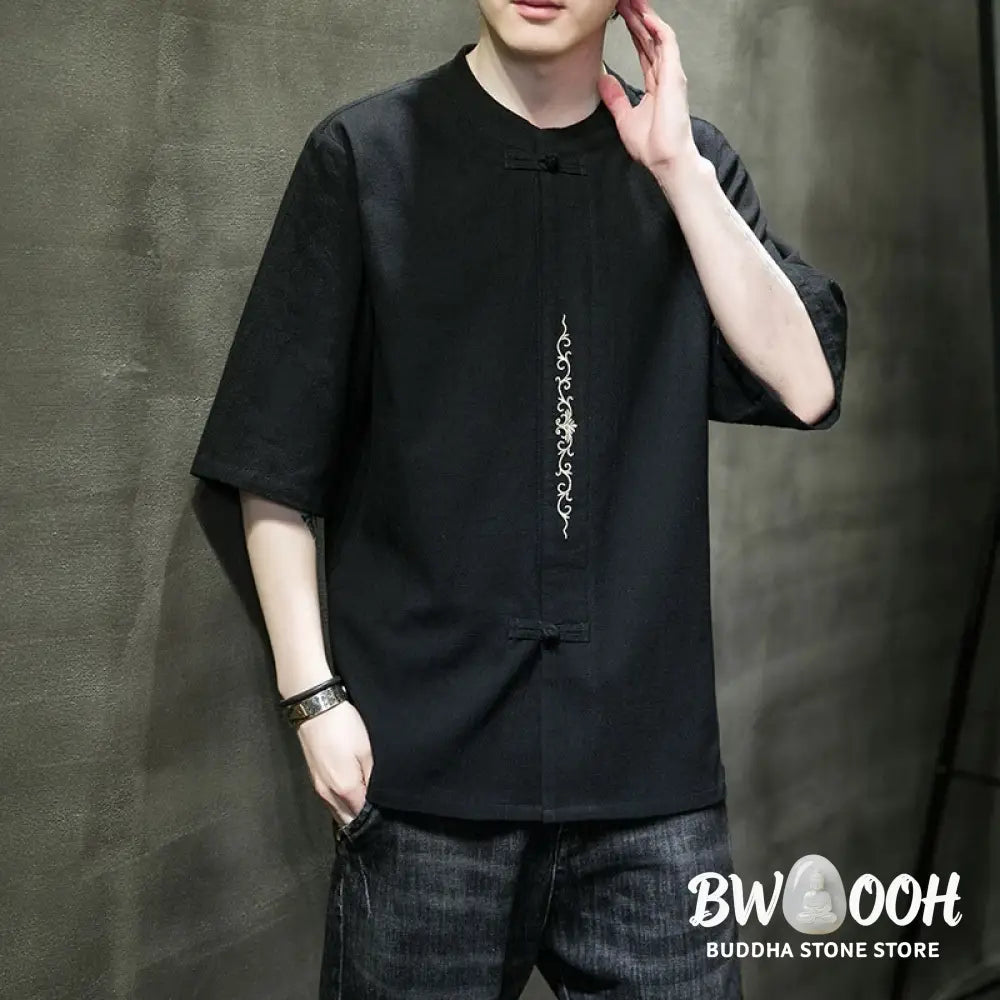 Buddha Stones Plain Color Frog-Button Embroidery Men’s Half Sleeve Cotton Shirt - Men’s Shirts
