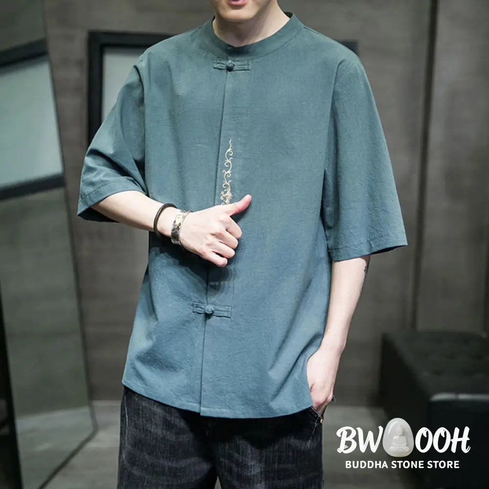Buddha Stones Plain Color Frog-Button Embroidery Men’s Half Sleeve Cotton Shirt - Men’s Shirts
