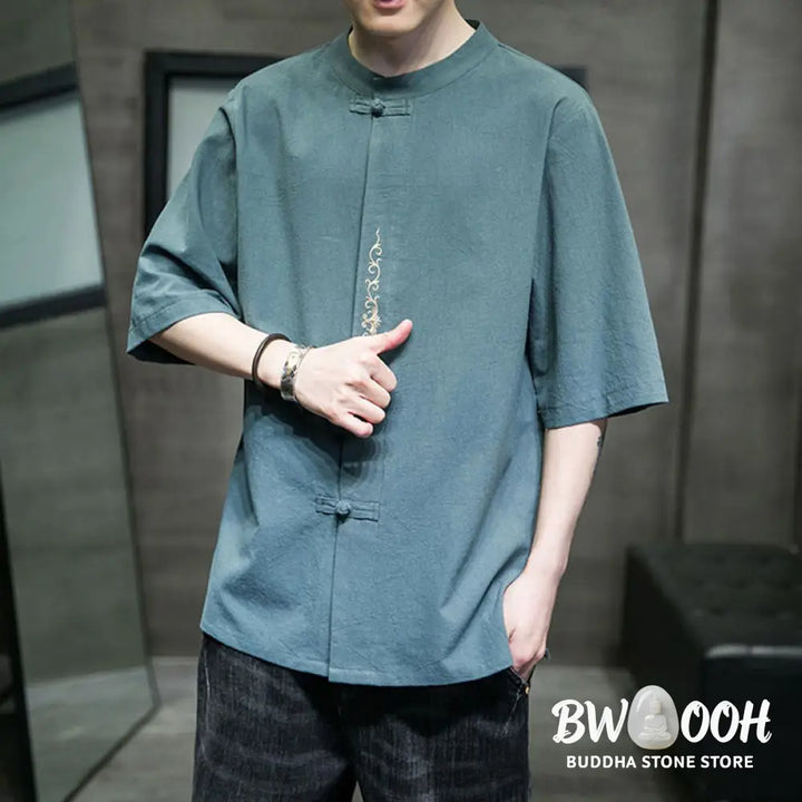 Buddha Stones Plain Color Frog-Button Embroidery Men’s Half Sleeve Cotton Shirt - Men’s Shirts