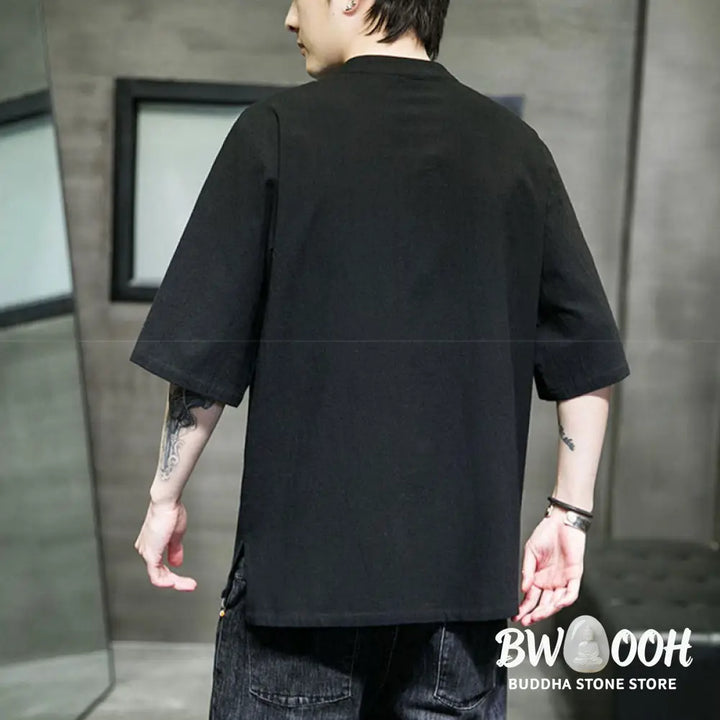 Buddha Stones Plain Color Frog-Button Embroidery Men’s Half Sleeve Cotton Shirt - Men’s Shirts
