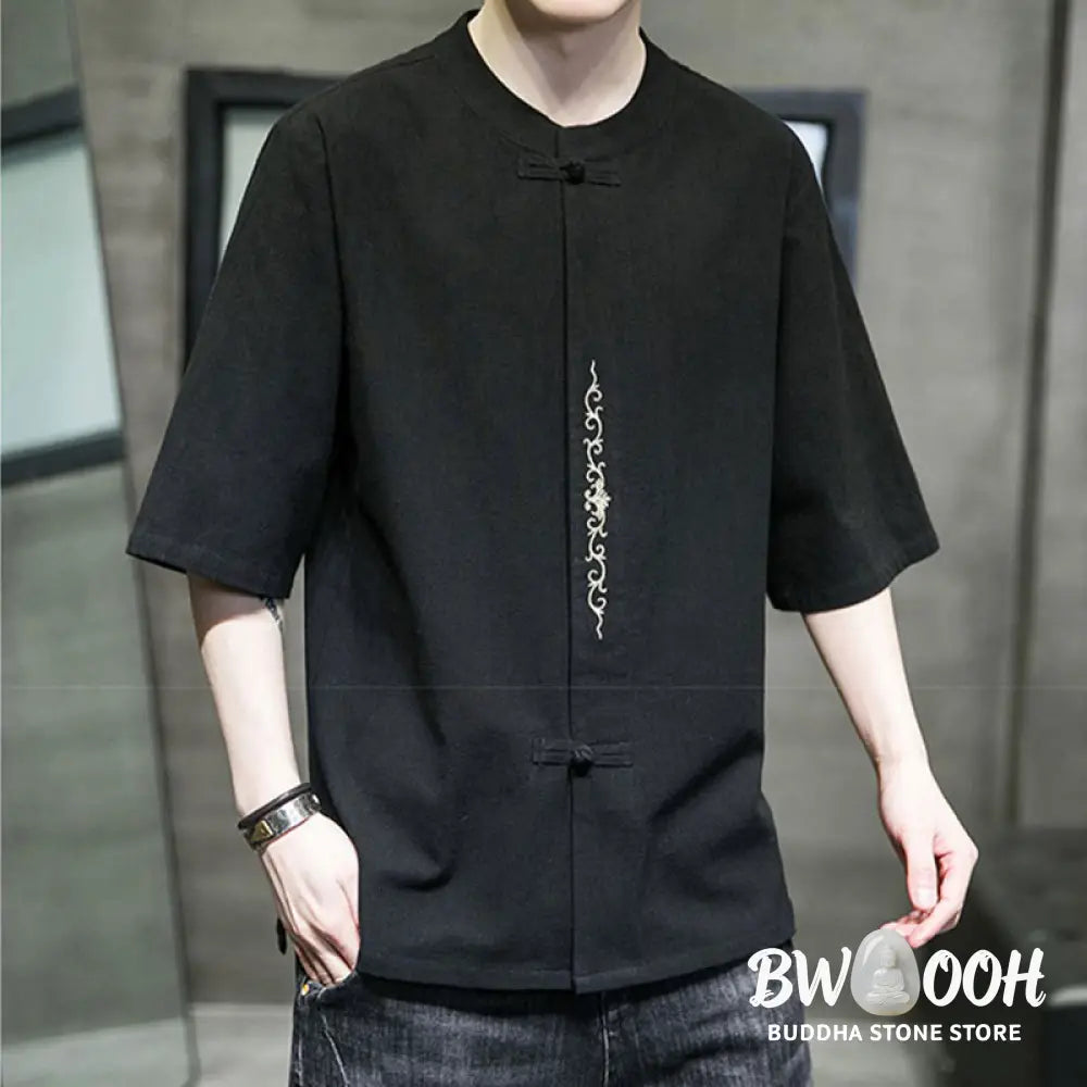 Buddha Stones Plain Color Frog-Button Embroidery Men’s Half Sleeve Cotton Shirt - Men’s Shirts
