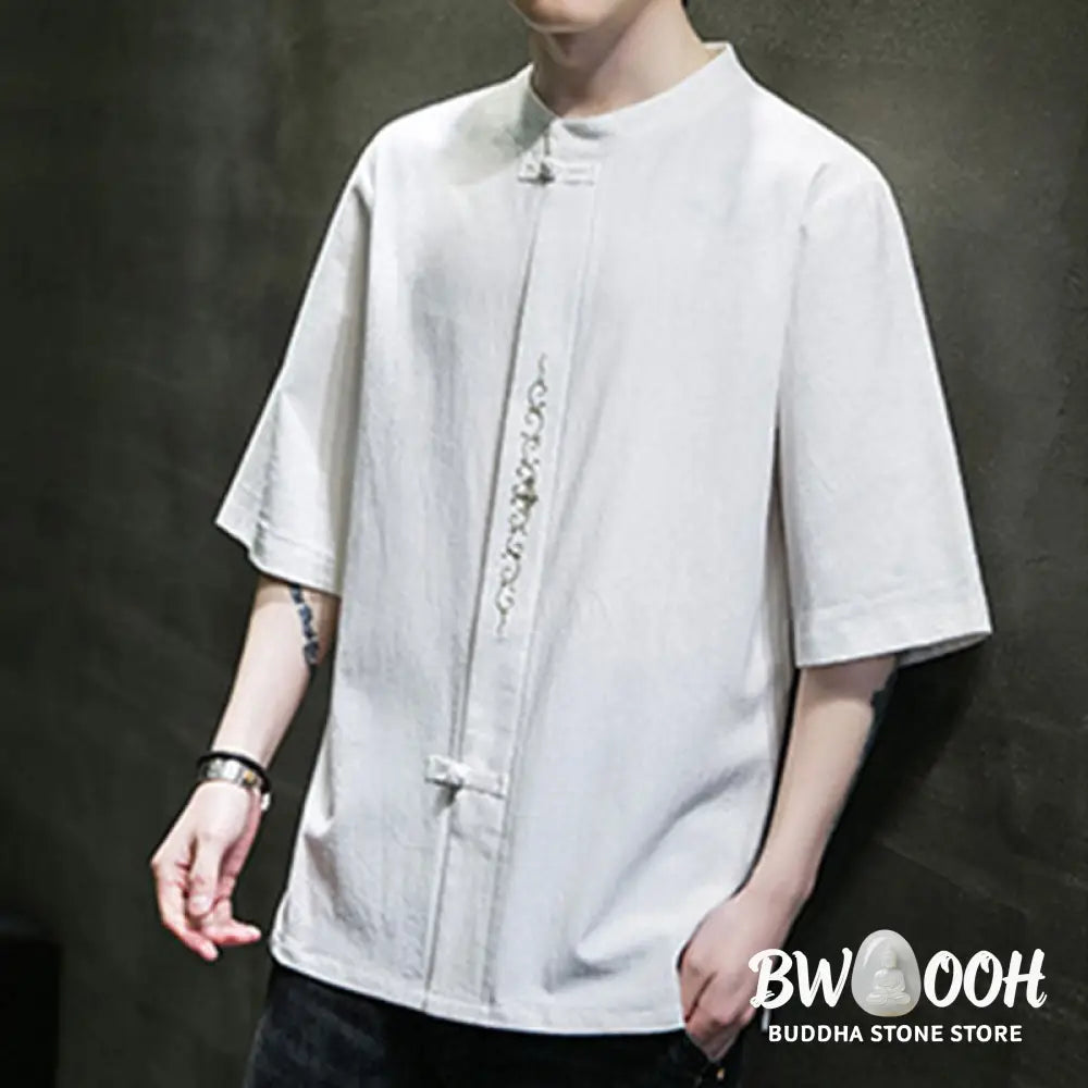 Buddha Stones Plain Color Frog-Button Embroidery Men’s Half Sleeve Cotton Shirt - Men’s Shirts