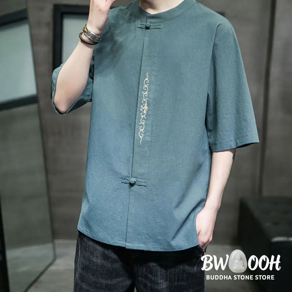 Buddha Stones Plain Color Frog-Button Embroidery Men’s Half Sleeve Cotton Shirt - Men’s Shirts