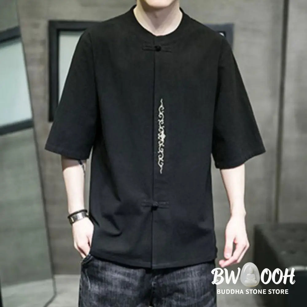 Buddha Stones Plain Color Frog-Button Embroidery Men’s Half Sleeve Cotton Shirt - Men’s Shirts