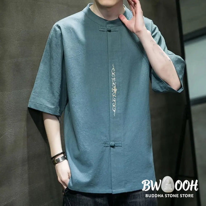 Buddha Stones Plain Color Frog-Button Embroidery Men’s Half Sleeve Cotton Shirt - Men’s Shirts