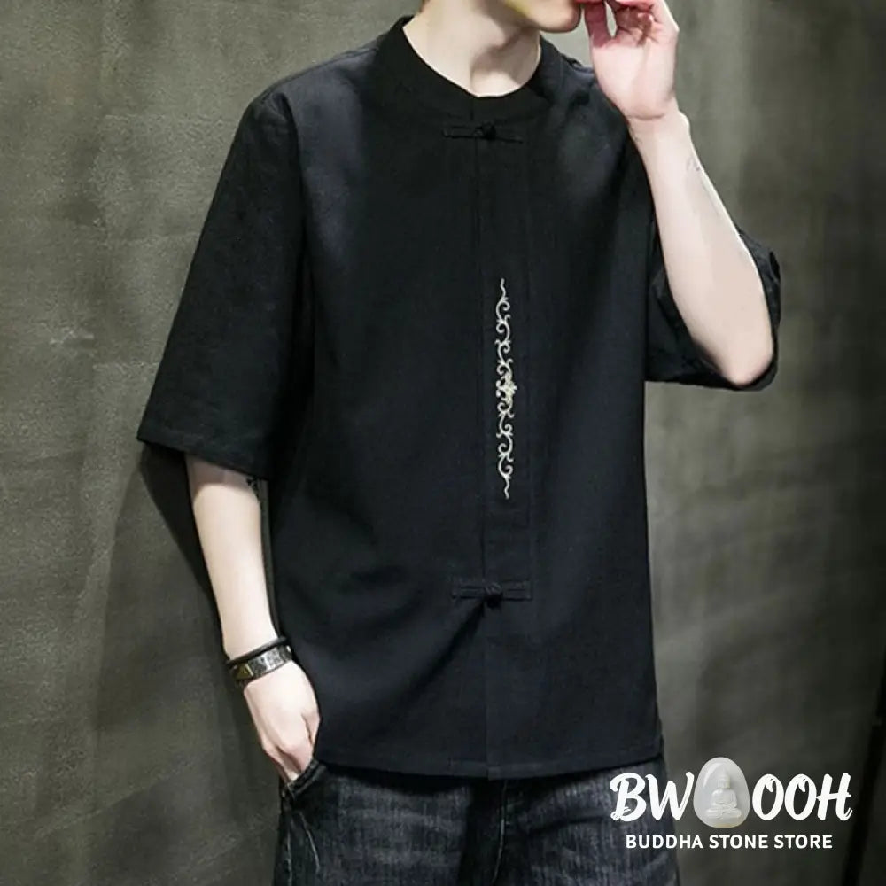 Buddha Stones Plain Color Frog-Button Embroidery Men’s Half Sleeve Cotton Shirt - Men’s Shirts