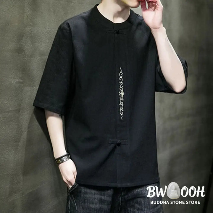 Buddha Stones Plain Color Frog-Button Embroidery Men’s Half Sleeve Cotton Shirt - Men’s Shirts