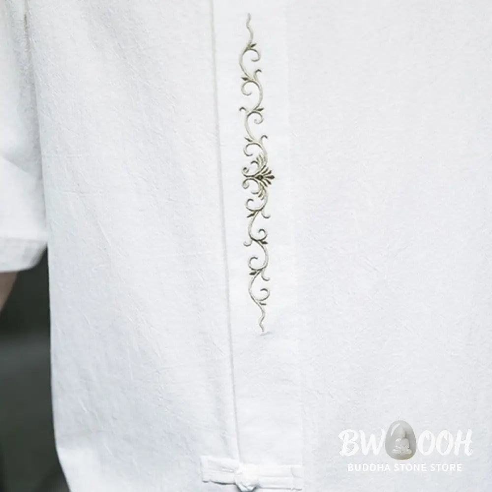 Buddha Stones Plain Color Frog-Button Embroidery Men’s Half Sleeve Cotton Shirt - Men’s Shirts