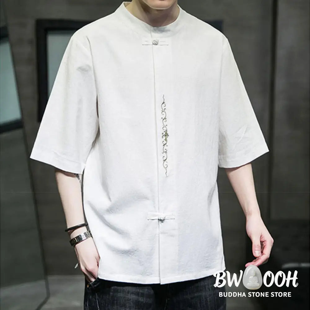Buddha Stones Plain Color Frog-Button Embroidery Men’s Half Sleeve Cotton Shirt - Men’s Shirts