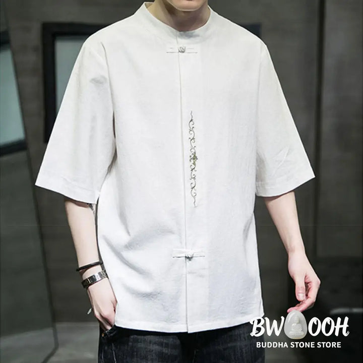 Buddha Stones Plain Color Frog-Button Embroidery Men’s Half Sleeve Cotton Shirt - Men’s Shirts