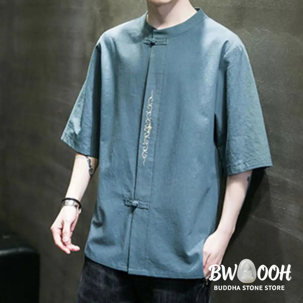 Buddha Stones Plain Color Frog-Button Embroidery Men’s Half Sleeve Cotton Shirt - Men’s Shirts
