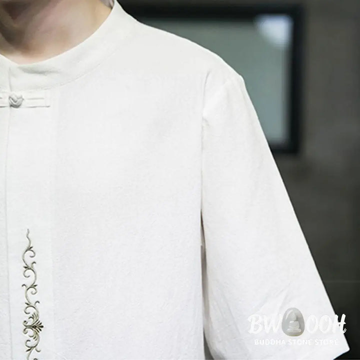 Buddha Stones Plain Color Frog-Button Embroidery Men’s Half Sleeve Cotton Shirt - Men’s Shirts