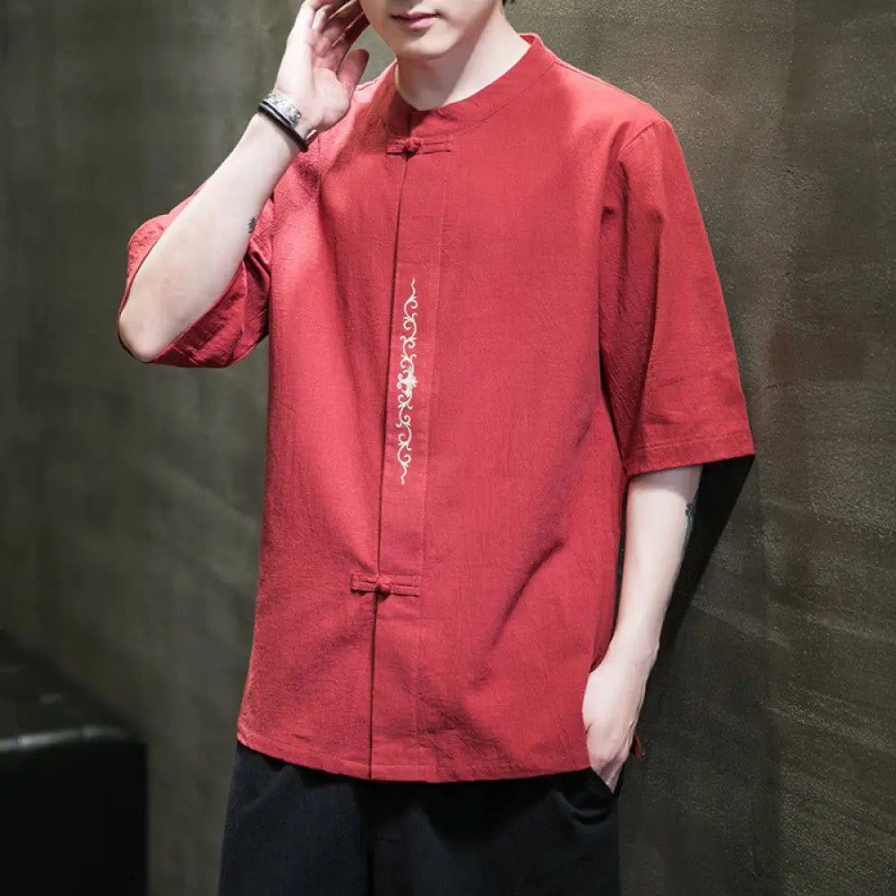 Buddha Stones Plain Color Frog-Button Embroidery Men’s Half Sleeve Cotton Shirt - Tomato / US/UK/AU34，EU44 (M) - Men’s