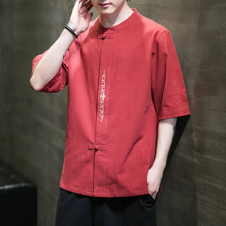 Buddha Stones Plain Color Frog-Button Embroidery Men’s Half Sleeve Cotton Shirt - Tomato / US/UK/AU34，EU44 (M) - Men’s
