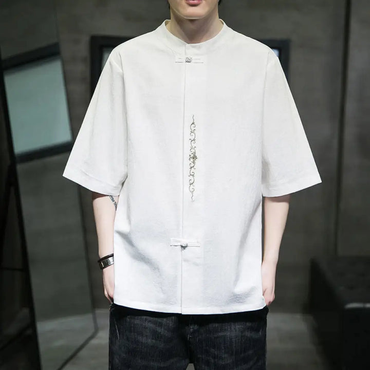 Buddha Stones Plain Color Frog-Button Embroidery Men’s Half Sleeve Cotton Shirt - White / US/UK/AU34，EU44 (M) - Men’s