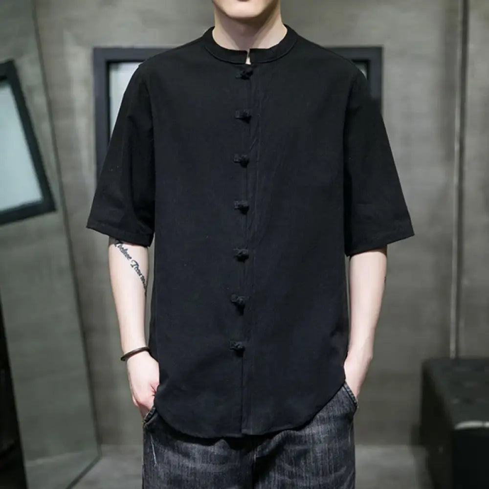 Buddha Stones Plain Color Men’s Half Sleeve Cotton Shirt - Black / US/UK/AU34，EU44 (M) - Men’s Shirts
