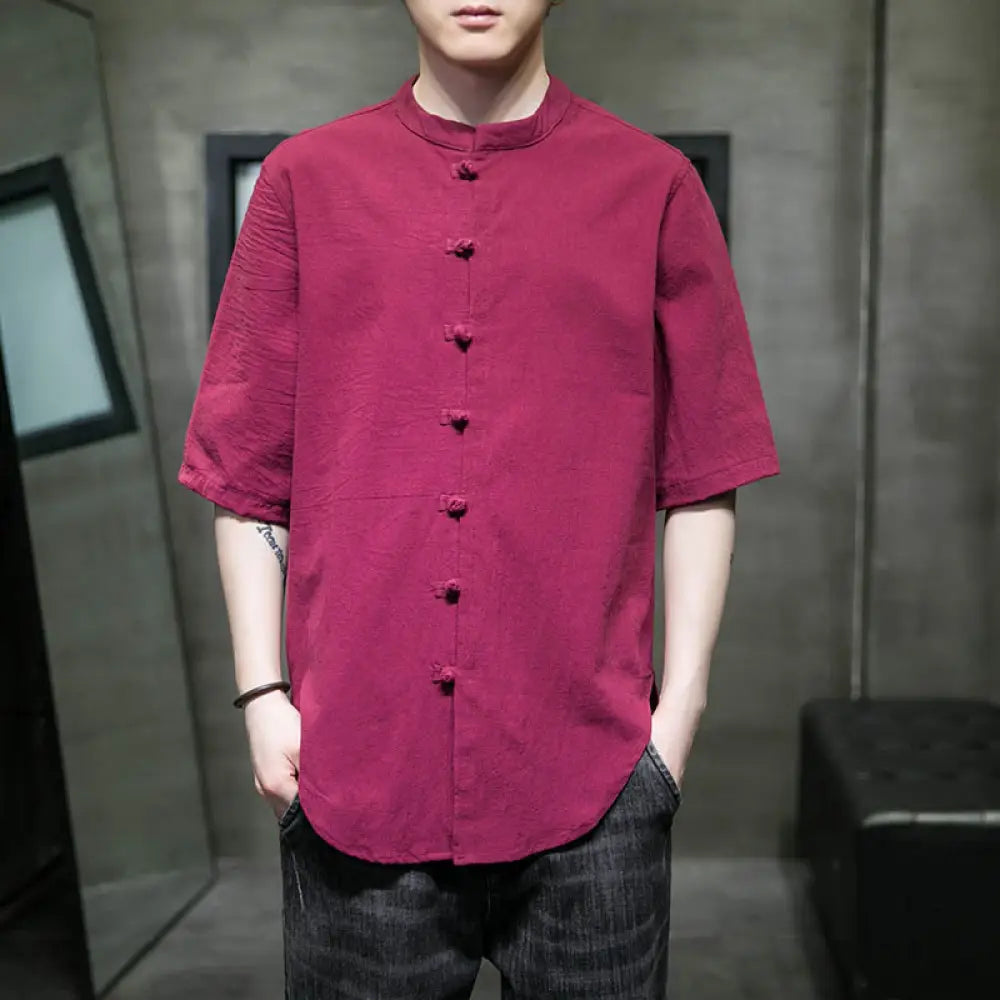 Buddha Stones Plain Color Men’s Half Sleeve Cotton Shirt - MediumVioletRed / US/UK/AU34，EU44 (M) - Men’s Shirts