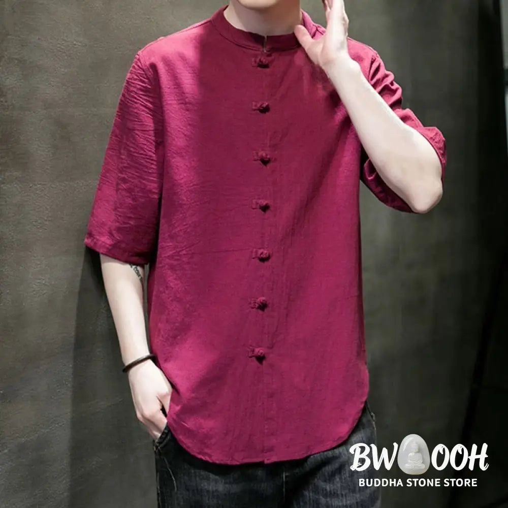 Buddha Stones Plain Color Men’s Half Sleeve Cotton Shirt - Men’s Shirts