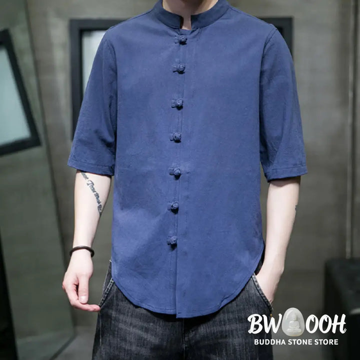 Buddha Stones Plain Color Men’s Half Sleeve Cotton Shirt - Men’s Shirts