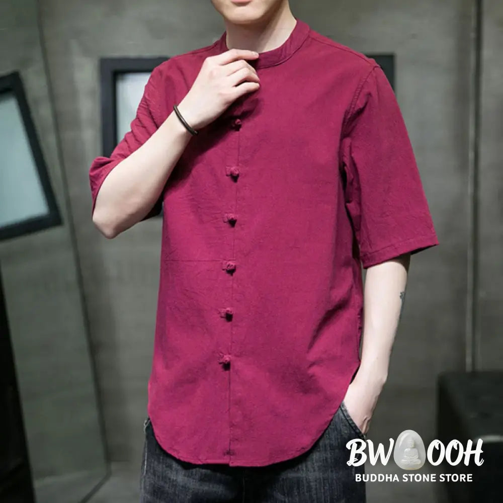 Buddha Stones Plain Color Men’s Half Sleeve Cotton Shirt - Men’s Shirts