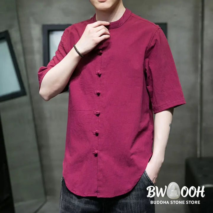 Buddha Stones Plain Color Men’s Half Sleeve Cotton Shirt - Men’s Shirts