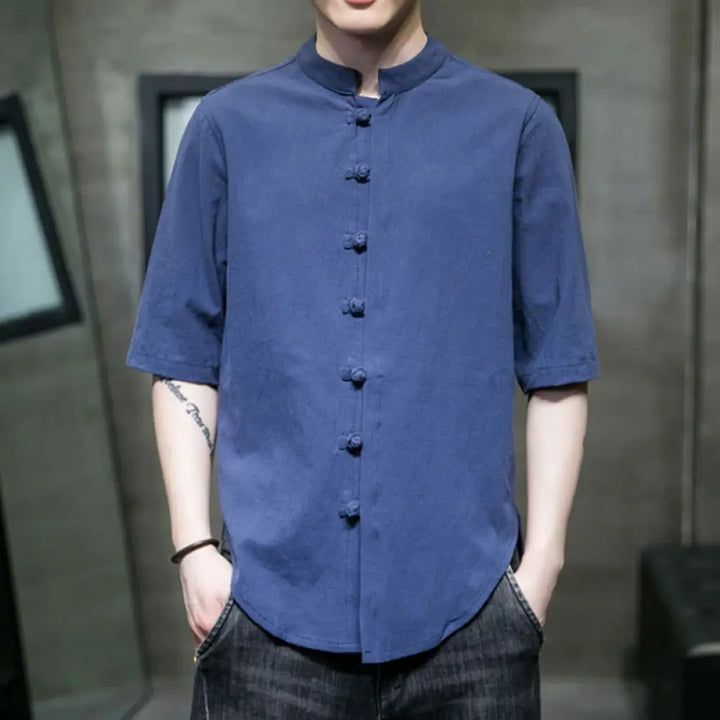 Buddha Stones Plain Color Men’s Half Sleeve Cotton Shirt - SteelBlue / US/UK/AU34，EU44 (M) - Men’s Shirts