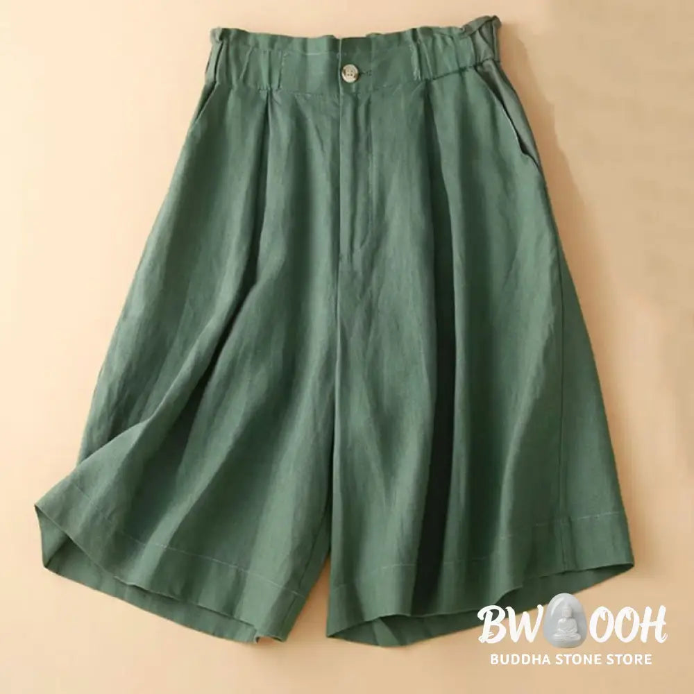 Buddha Stones Plain Color Pleated Zipper Button Cotton Linen Women’s Shorts With Pockets - Women’s Shorts