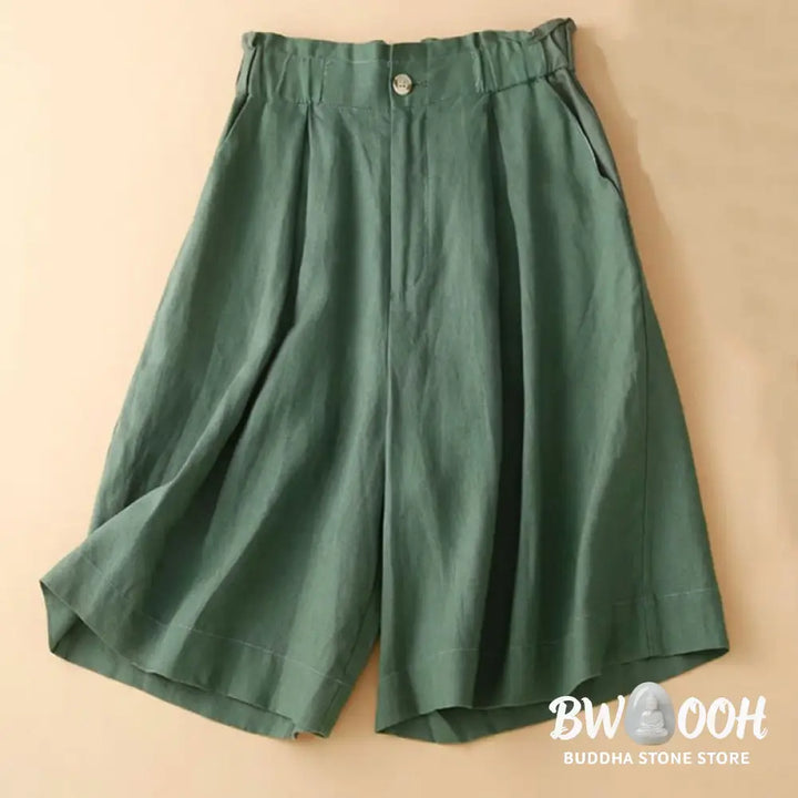 Buddha Stones Plain Color Pleated Zipper Button Cotton Linen Women’s Shorts With Pockets - Women’s Shorts