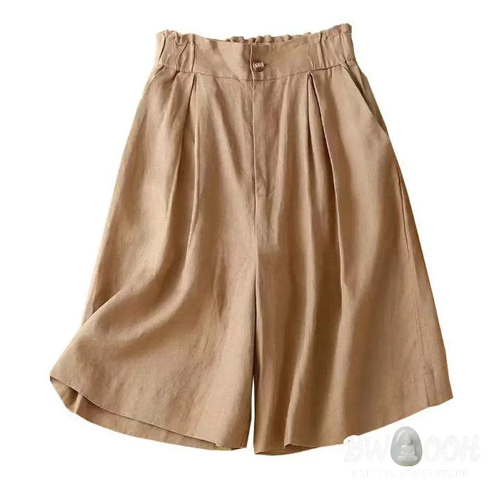 Buddha Stones Plain Color Pleated Zipper Button Cotton Linen Women’s Shorts With Pockets - Women’s Shorts