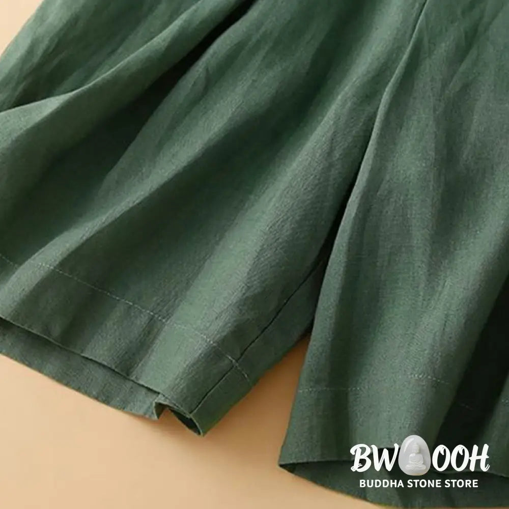 Buddha Stones Plain Color Pleated Zipper Button Cotton Linen Women’s Shorts With Pockets - Women’s Shorts