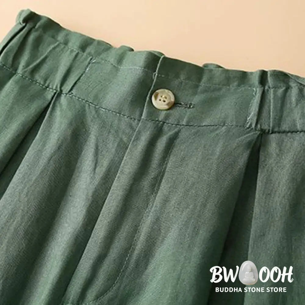 Buddha Stones Plain Color Pleated Zipper Button Cotton Linen Women’s Shorts With Pockets - Women’s Shorts