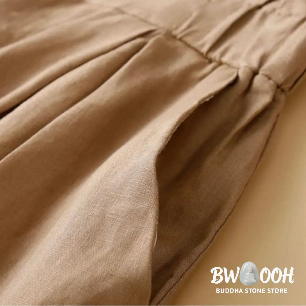 Buddha Stones Plain Color Pleated Zipper Button Cotton Linen Women’s Shorts With Pockets - Women’s Shorts