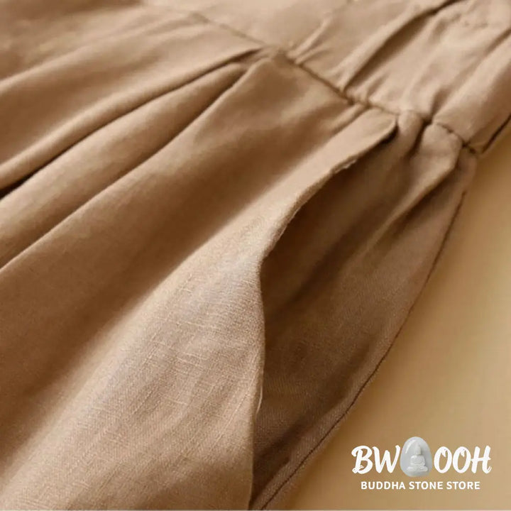Buddha Stones Plain Color Pleated Zipper Button Cotton Linen Women’s Shorts With Pockets - Women’s Shorts