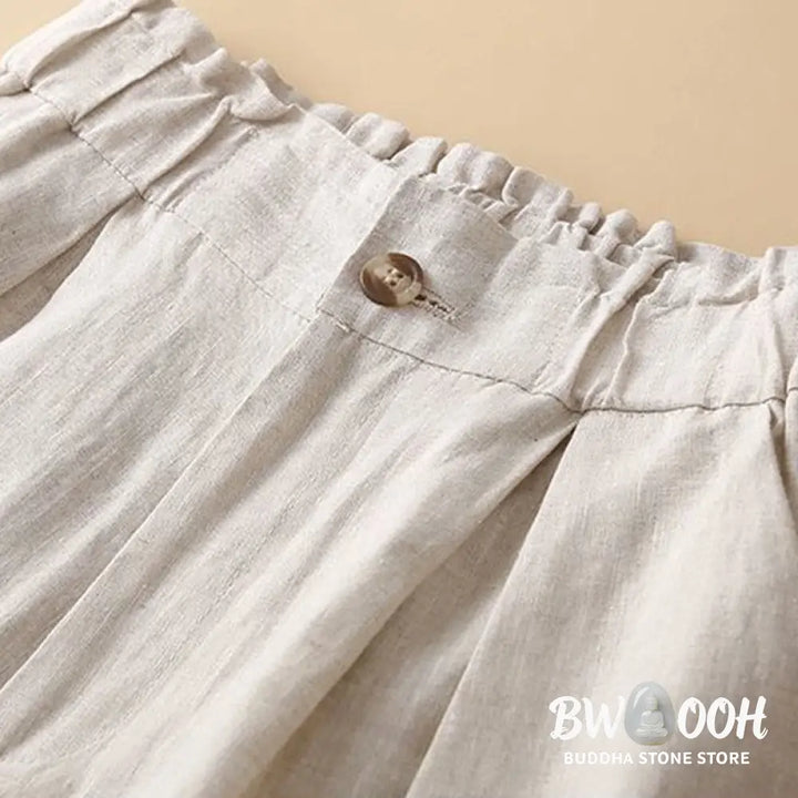Buddha Stones Plain Color Pleated Zipper Button Cotton Linen Women’s Shorts With Pockets - Women’s Shorts