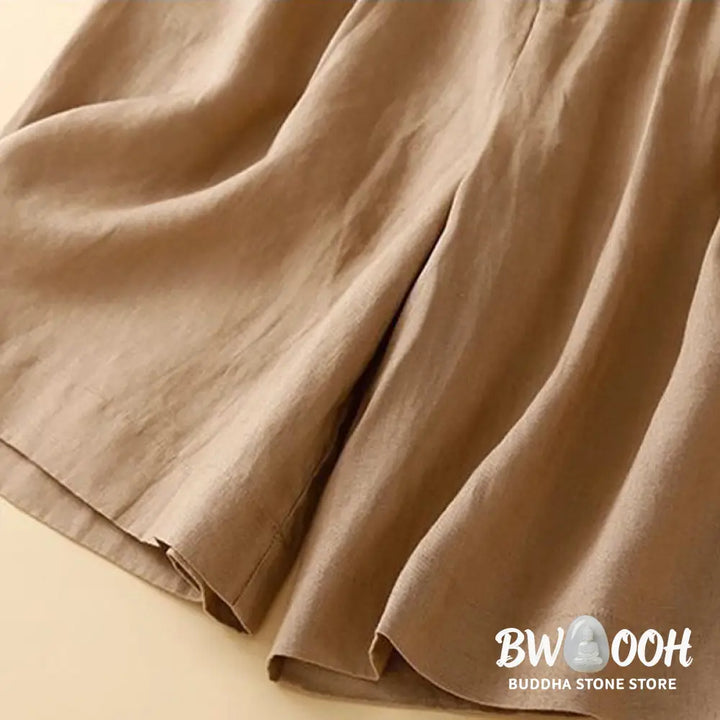 Buddha Stones Plain Color Pleated Zipper Button Cotton Linen Women’s Shorts With Pockets - Women’s Shorts