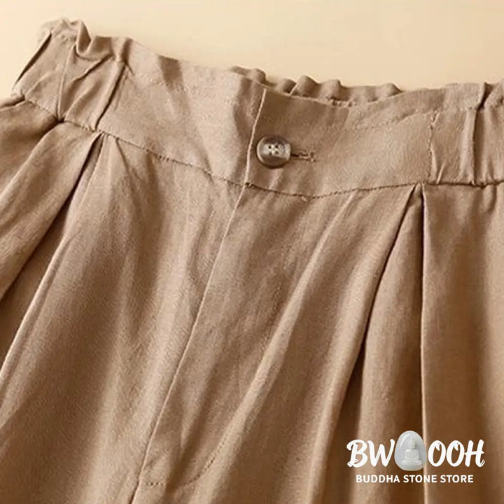 Buddha Stones Plain Color Pleated Zipper Button Cotton Linen Women’s Shorts With Pockets - Women’s Shorts