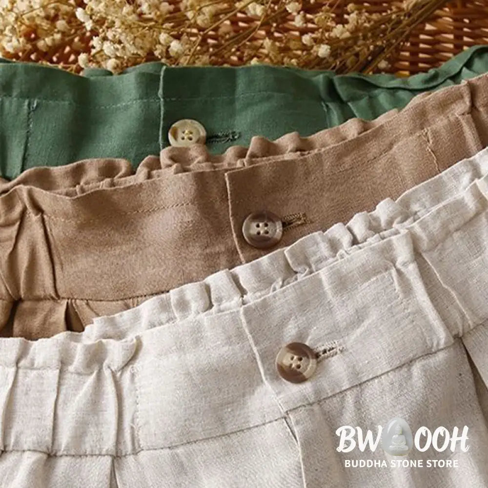 Buddha Stones Plain Color Pleated Zipper Button Cotton Linen Women’s Shorts With Pockets - Women’s Shorts
