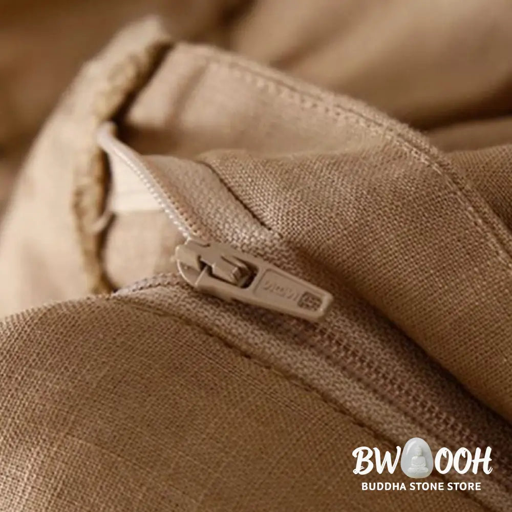 Buddha Stones Plain Color Pleated Zipper Button Cotton Linen Women’s Shorts With Pockets - Women’s Shorts