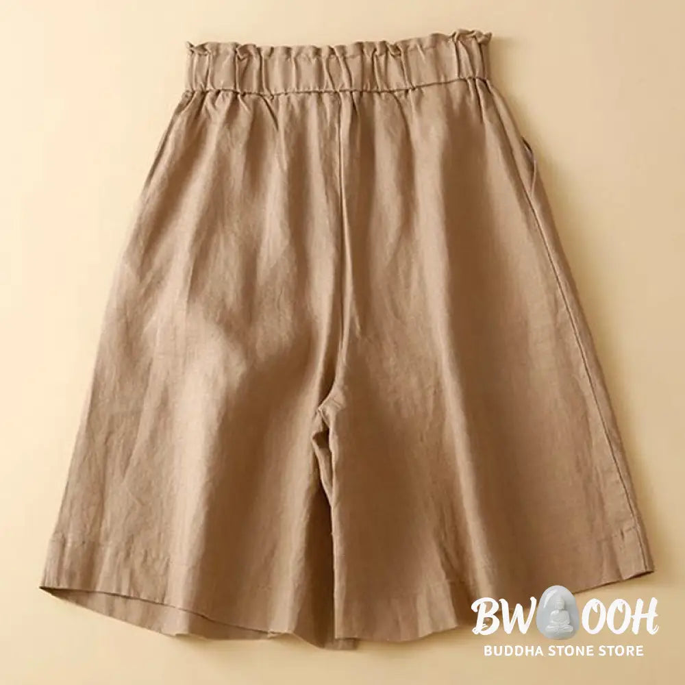 Buddha Stones Plain Color Pleated Zipper Button Cotton Linen Women’s Shorts With Pockets - Women’s Shorts