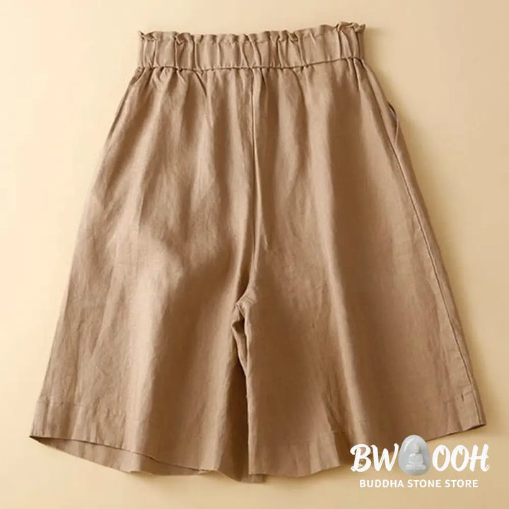 Buddha Stones Plain Color Pleated Zipper Button Cotton Linen Women’s Shorts With Pockets - Women’s Shorts