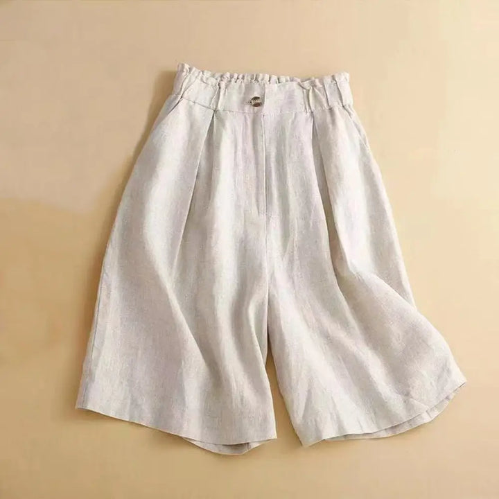 Buddha Stones Plain Color Pleated Zipper Button Cotton Linen Women’s Shorts With Pockets - Beige / US4，UK/AU8，EU36 (L)