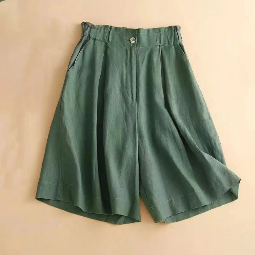 Buddha Stones Plain Color Pleated Zipper Button Cotton Linen Women’s Shorts With Pockets - SeaGreen / US4，UK/AU8，EU36