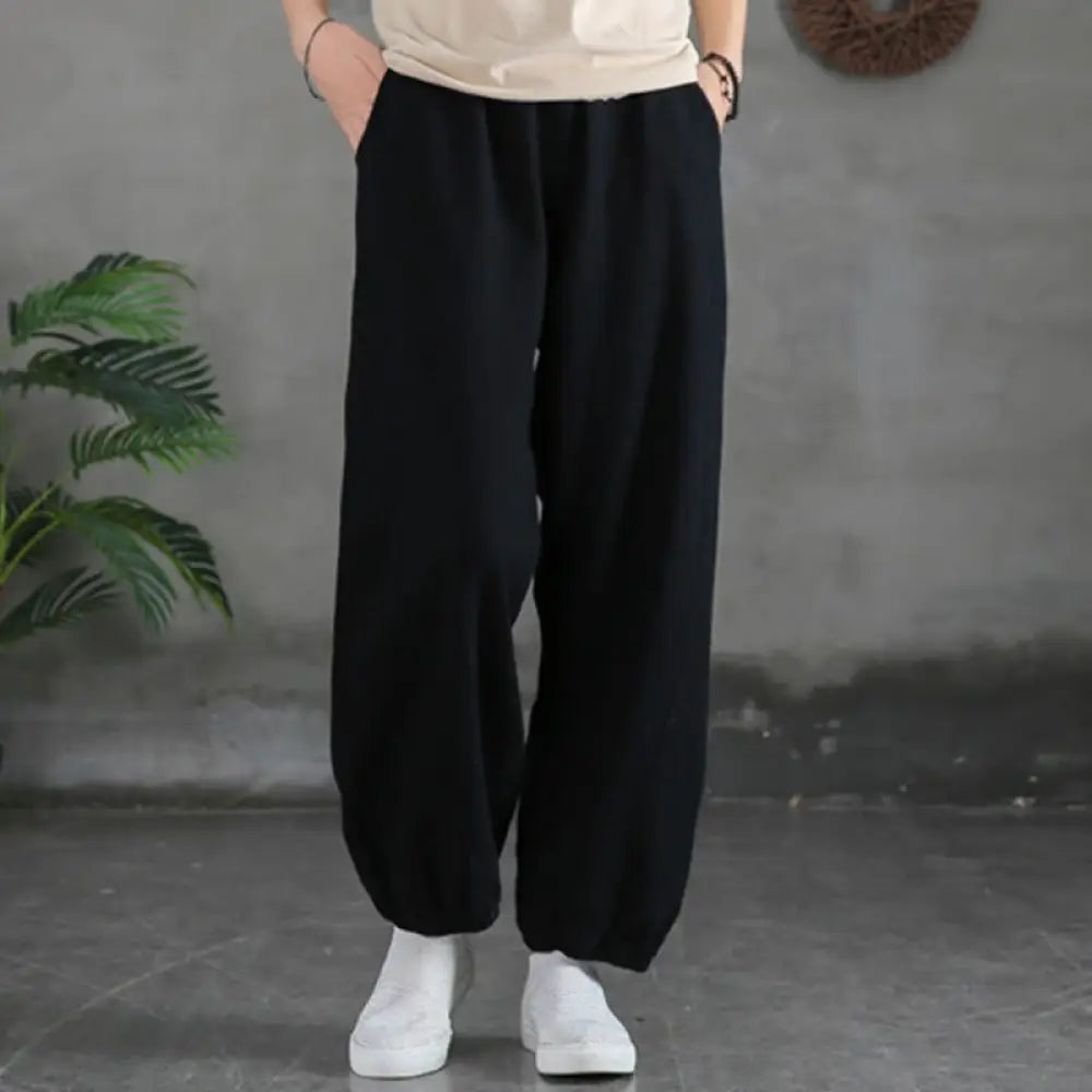 Buddha Stones Plain Color Ramie Linen Cotton Pants With Pockets - Black / US2，UK/AU6，EU34 (S) - Women’s Pants