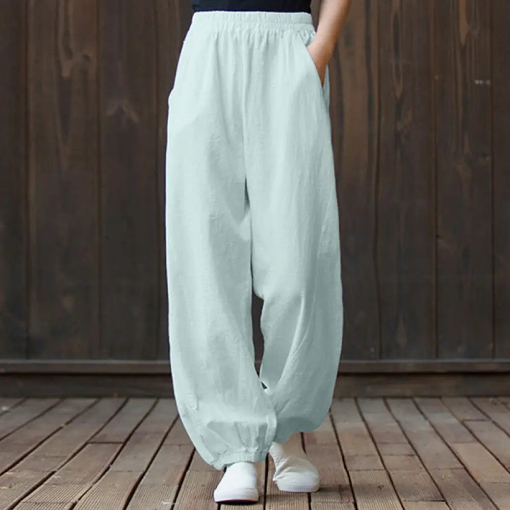 Buddha Stones Plain Color Ramie Linen Cotton Pants With Pockets - MintCream / US2，UK/AU6，EU34 (S) - Women’s Pants