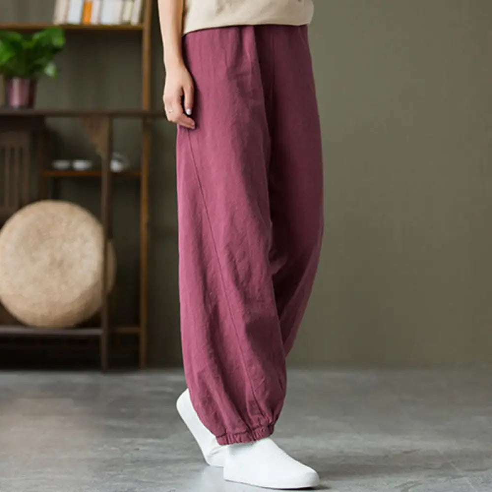 Buddha Stones Plain Color Ramie Linen Cotton Pants With Pockets - PaleVioletRed / US2，UK/AU6，EU34 (S) - Women’s Pants